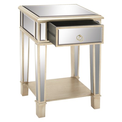 Beige Mirrored Fir Wood Accent Table with Storage