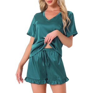 INSPIRE CHIC Women's Short Sleeve V Neck Lounge Set Frill Elastic Waist Pajama Sets - 1 of 4