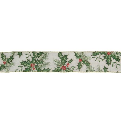 Northlight Ivory and Green Holly Leaves Christmas Wired Craft Ribbon 2.5" x 16 Yards