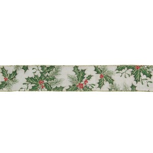 Northlight Ivory and Green Holly Leaves Christmas Wired Craft Ribbon 2.5" x 16 Yards - 1 of 3