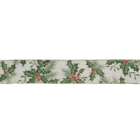 Northlight Ivory and Green Holly Leaves Christmas Wired Craft Ribbon 2.5" x 16 Yards - image 1 of 3