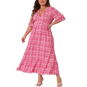 Agnes Orinda Women's Plus Size Boho Floral Bell Sleeve Ruffled Hem Deep V Neck A Line Maxi Dresses - 1 of 4