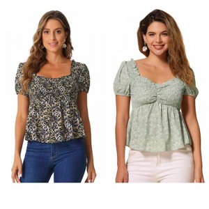 INSPIRE CHIC Women's Short Sleeve Floral Sweetheart Neck Shirred Ruffle Peasant Top 2 Packs - 1 of 4