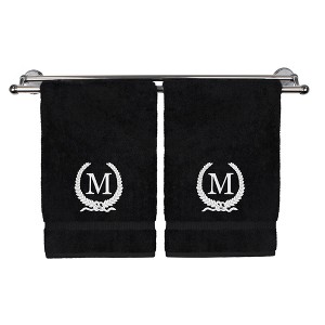 BC BARE COTTON Monogrammed Hand Towel, 100% Turkish Cotton - Set of 2 - Black - White Wreath - 1 of 4