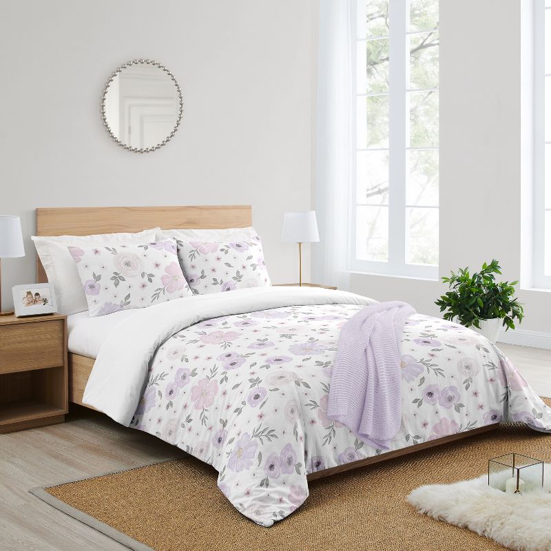Sweet Jojo Designs Queen Duvet Cover and Shams Set Watercolor Floral Purple Pink Grey 3pc, 3 of 8