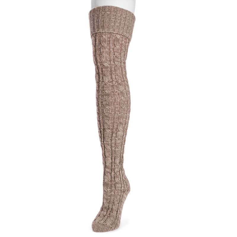 MUK LUKS Women's Cable Knit Over the Knee Socks - Driftwood/Pearl , OS (6 - 11), 1 of 6