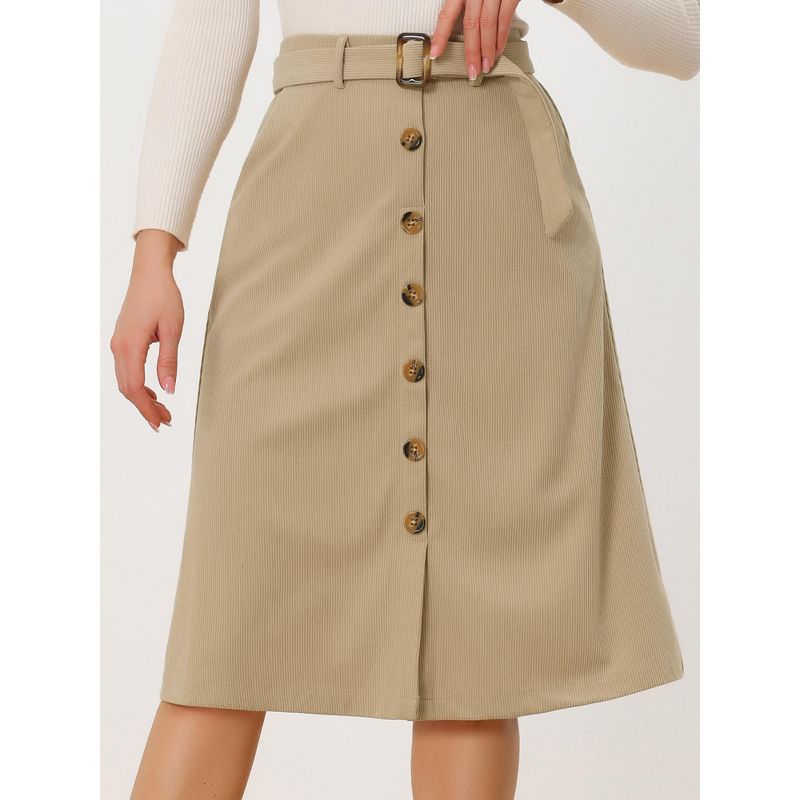 Allegra K Women's High Waist Button Front A-Line Belted Corduroy Midi Skirt, 2 of 6
