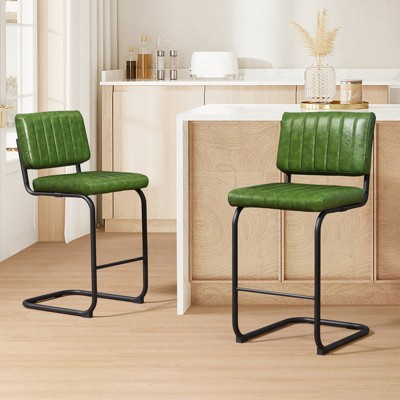 HOMLUX Upholstered Set of 2 Cantilever PU Leather Counter Height Barstool with Black Metal Legs，Olive Green