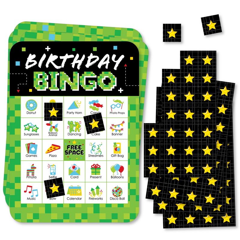 Big Dot of Happiness Game Zone - Picture Bingo Cards and Markers - Pixel Video Game Party or Birthday Party Bingo Game - Set of 18, 1 of 6