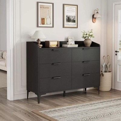 Modern 6-Drawer Dresser with Built-in Power Outlets. 47" Wide Freestanding Wood Storage for Bedroom or Living Room. Sleek & Functional.