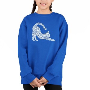 LA Pop Art Stretching Cat - Girl's Word Art Crewneck Sweatshirt - 1 of 4