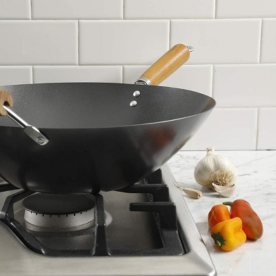 Kenmore 14-Inch Black Carbon Steel Wok with Wood Handle