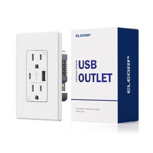ELEGRP USB Outlet Receptacle, 15 Amp Outlet with USB C and USB A Port,21W Duplex Tamper Resistant Wall Outlet, Wall Plate Included, UL Listed, White - 1 of 4