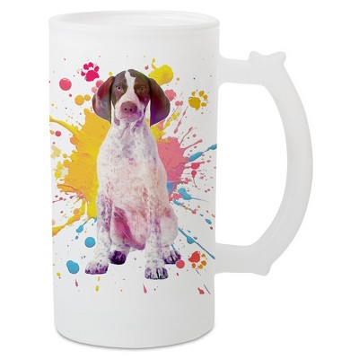 100 North Freezable Beer Stein Mug With Thumb Grip Handle, 16 Ounce Frosted Glass, English Pointer Paint Splatter