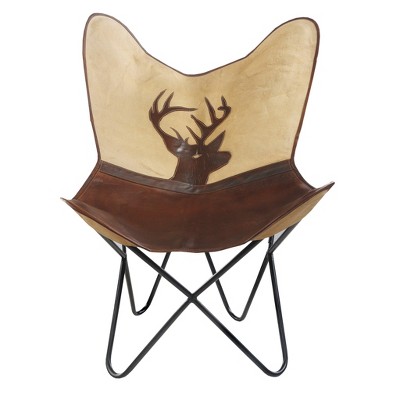 HomeRoots 30" Brown And Tan Canvas And Leather Deer Stag Butterfly Chair