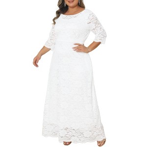 Women's Plus Size Floral Lace Scooped Neck 3/4 Sleeves Formal Evening Wedding Flowy Maxi Dresses with Pocket - Agnes Orinda - 1 of 4