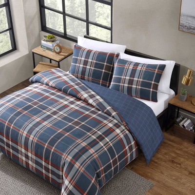 Navy Blue Plaid Microfiber Full/Queen Duvet Cover Set