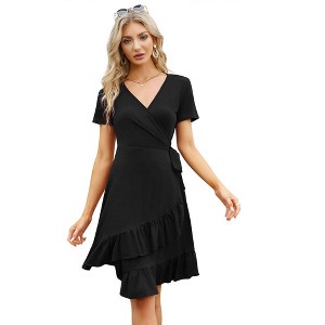 Midi Dress for Women Summer Short Sleeve Business V Neck A-Line Flowy Ruffle Elegant Wedding Guest Midi Dresses - 1 of 4