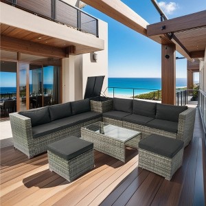 YOOCOZZ 8-Piece Outdoor PE Rattan Sectional Sofa Set with Storage Box, Table, and Stools, Free Combination - Grey - 1 of 4