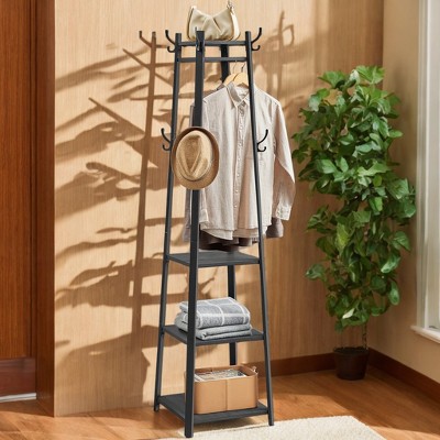 Industrial Black Steel Coat Rack with Shelves and Hooks