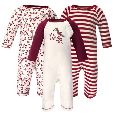 Image of Touched by Nature Baby Girl Organic Cotton Coveralls 3pk, Berry Branch, 3-6 Months