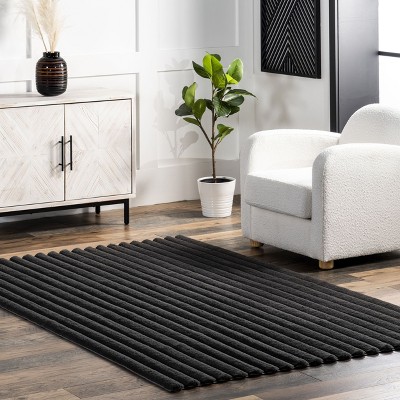 Kai Gray Stripe Faux Rabbit Fur Washable Area Rug