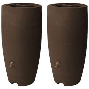 Algreen Athena 80 Gallon Plastic Outdoor Rain Barrel with Brass Spigot and Screen Guard for Rain Water Collection and Storage, Brownstone (2 Pack)