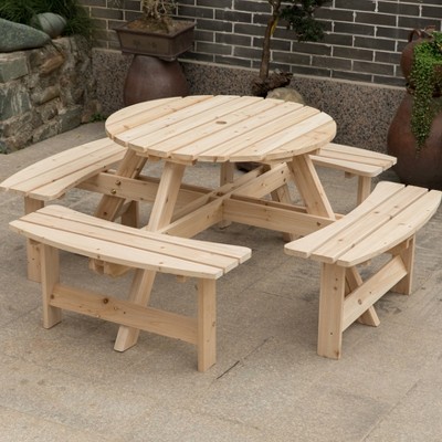 Natural Solid Wood Round Outdoor Picnic Table with Umbrella Hole, Seats 8