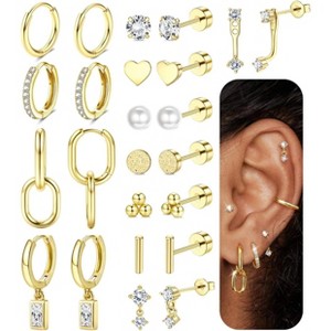 12 Pairs 14K Gold Flat Back Earrings Set, Hypoallergenic Surgical Steel Cartilage Piercing Jewelry for Tragus/Helix/Conch - 1 of 4