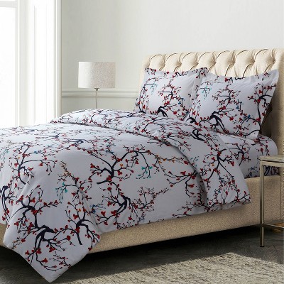 Queen Deep Red Cotton Flannel Tree Print Duvet Cover Set