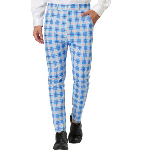 Lars Amadeus Men's Color Block Slim Fit Flat Front Plaid Dress Pants Light  Blue 38