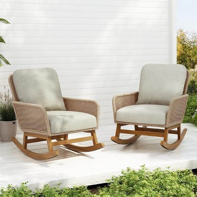 Set of 2 Garden Wicker Rocking Chairs with Cushions,Outdoor Rattan Rocking Chair for Patio Balcony,Wood Rocking Chair for Living Room-Coolbibila