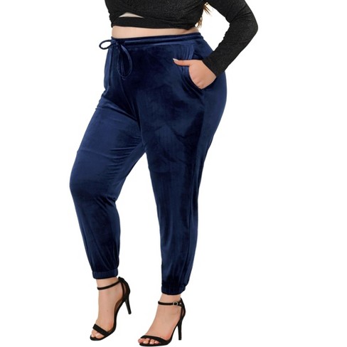 Agnes Orinda Women's Plus Size Velvet Elastic Waist Cuff Casual Pant Blue 1X