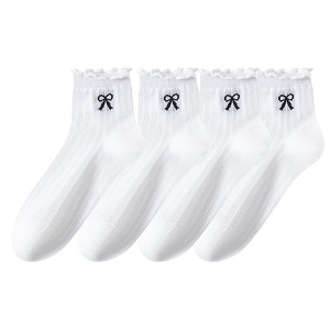 Anna-Kaci Women's 4-Pair Pack Sheer Ribbed Ankle Socks with Ruffled Trim and Embroidered Bow Detail in Multiple Color Combinations - 1 of 4