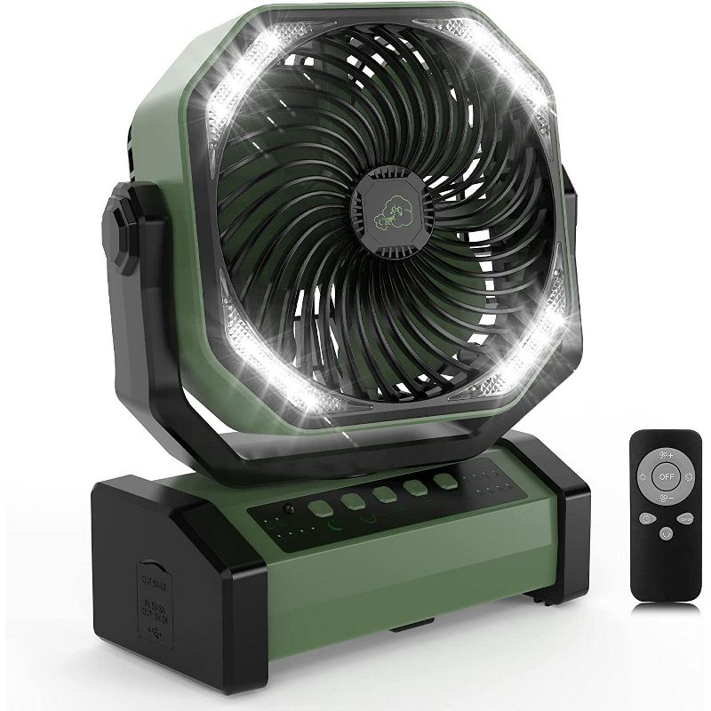PANERGY 20000mAh Camping Fan with LED Light, Auto-Oscillating Desk Fan with Remote & Hook, Rechargeable Battery Operated Tent Fan - Army Green, 1 of 9