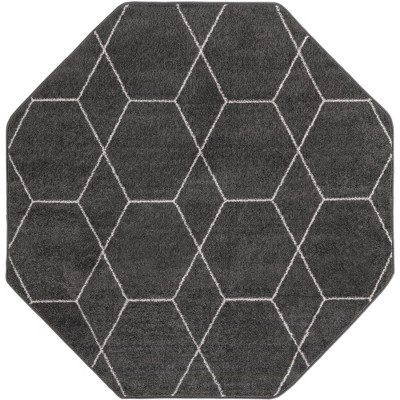 Dark Gray Octagon Synthetic Trellis Stain-Resistant Rug
