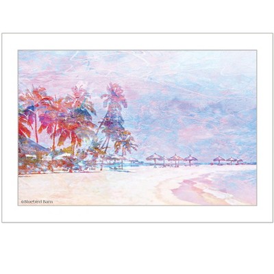 HomeRoots Rainbow Bright Sandy Beach with Umbrellas White Framed Print Wall Art