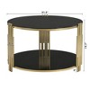 Zeus & Ruta 31.5" Modern Glass Coffee Table with Asymmetrical Metal, Circular Drum Base, Gold Finish & Lower Shelf - 4 of 4