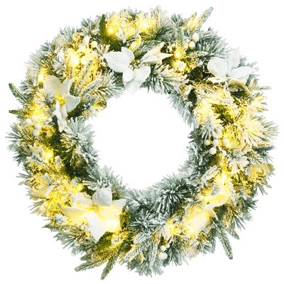 Costway 24'' Pre-lit Snowy Christmas Wreath w/ Berries Poinsettia Flowers Timer