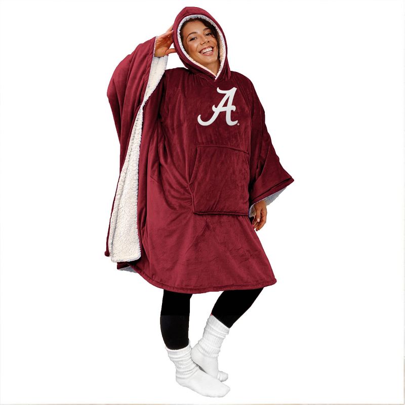NCAA Alabama Crimson Tide Team Color Bloncho with Logo Patch and Faux Shearling Inside Throw Blanket, 1 of 4