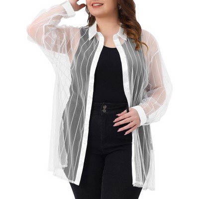 Agnes Orinda Women's Plus Size Mesh Sheer Long Sleeve Button Down See Through Shirts
