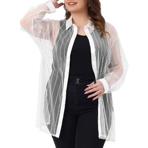Agnes Orinda Women's Plus Size Mesh Sheer Long Sleeve Button Down See Through Shirts - 1 of 4
