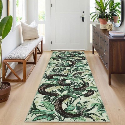 2x6 Green Snake Pattern Runner Rug, Modern Washable Low Pile Carpet, Soft Non-Slip Hallway Runner for Bedroom and Entryway