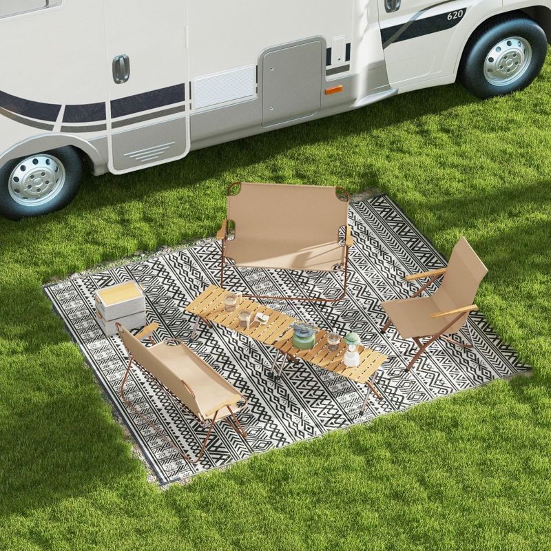 Outsunny RV Mat, Outdoor Patio Rug / Large Camping Carpet with Carrying Bag, 8' x 10', Waterproof Plastic Straw, Reversible, Gray & Cream White Boho, 2 of 7