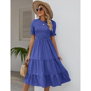 Women's Puff Short Sleeve Smocked Midi Dress Casual Elastic Waist Tiered A Line Maxi Dress - 1 of 4