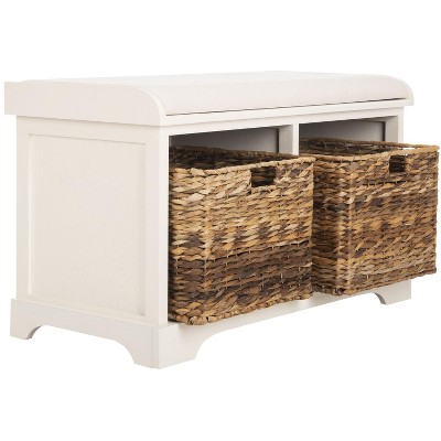Freddy 34" White Pine Wicker Storage Bench with Linen Seat
