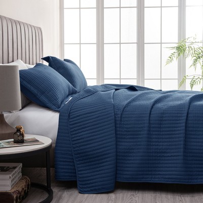 Navy King Microfiber Channel-Stitched All-Season Quilt Set