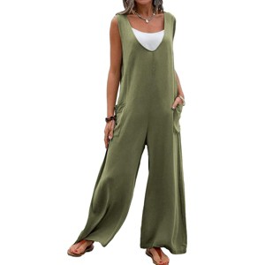 Women's Summer Casual Sleeveless Jumpsuit Spring Wide Leg V Neck Pants Romper Overalls with Pockets - 1 of 4