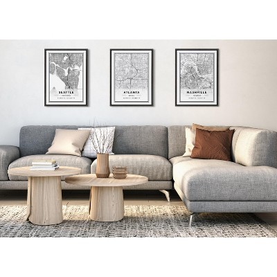Seattle Modern Map Framed Canvas Wall Art, 18x24, Dark Gray