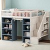 Full Size Loft Bed with Storage Staircase, Bookshelves, and Privacy Curtain, Solid Wood Frame, White and Blue Finish - 2 of 4